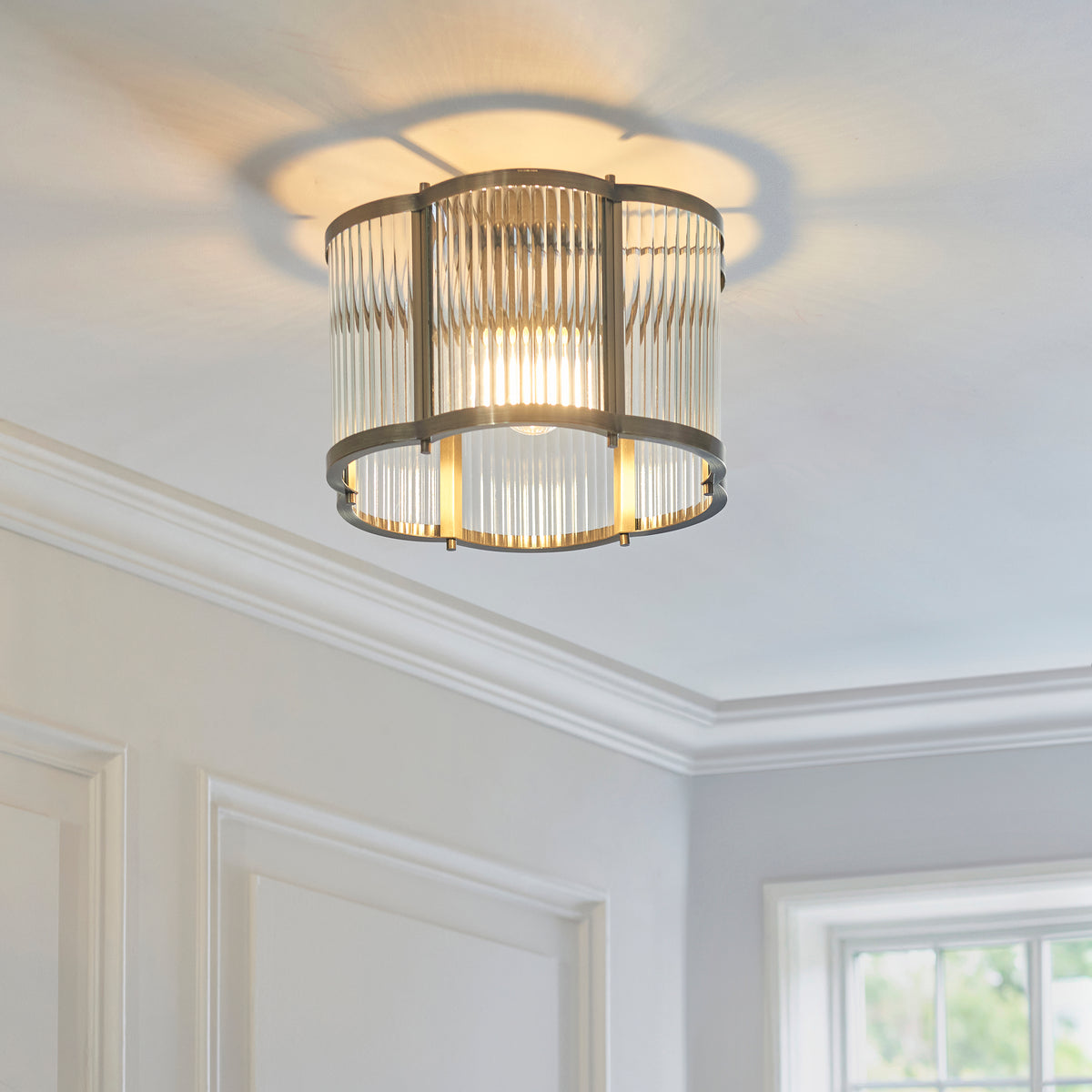 Ridgeton Scallop Antique Brass & Ribbed Glass Flush Ceiling Light