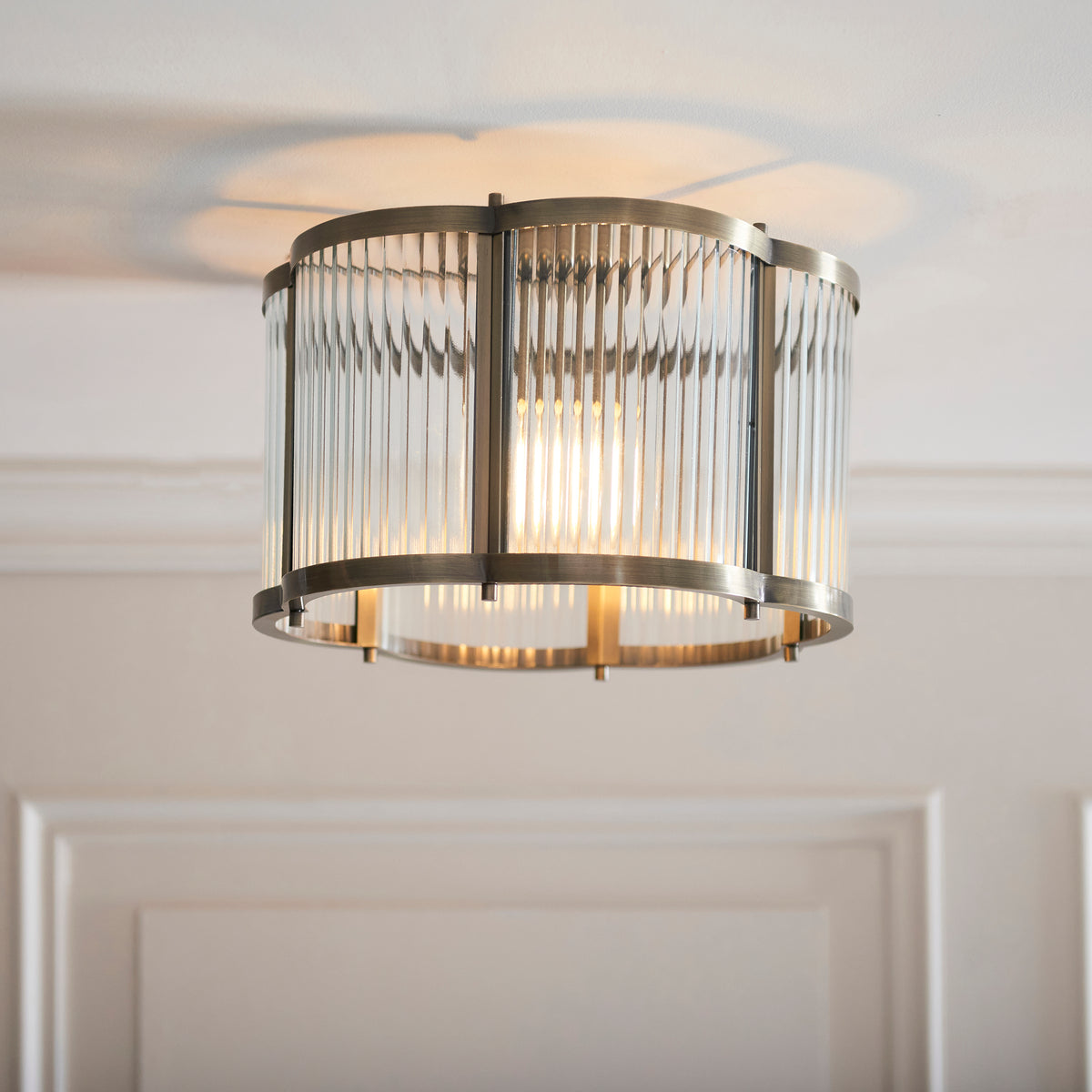 Ridgeton Scallop Antique Brass & Ribbed Glass Flush Ceiling Light