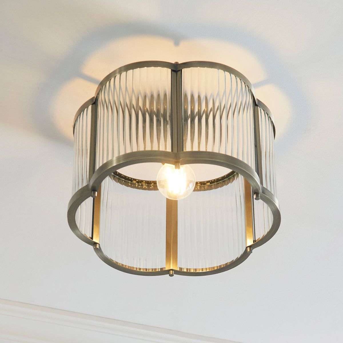 Ridgeton Scallop Antique Brass & Ribbed Glass Flush Ceiling Light