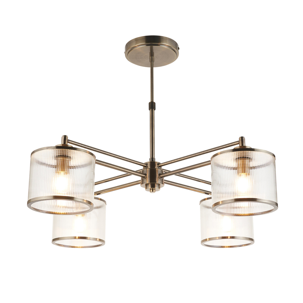 Ridgeton 4 Light Antique Brass & Ribbed Glass Pendant Ceiling Light