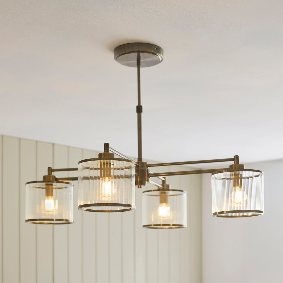 Ridgeton 4 Light Antique Brass & Ribbed Glass Pendant Ceiling Light