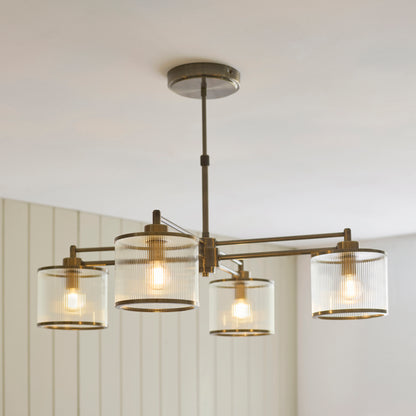 Ridgeton 4 Light Antique Brass & Ribbed Glass Pendant Ceiling Light
