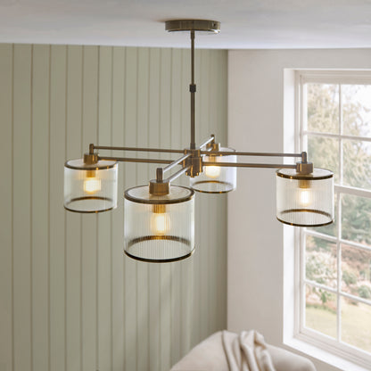 Ridgeton 4 Light Antique Brass & Ribbed Glass Pendant Ceiling Light