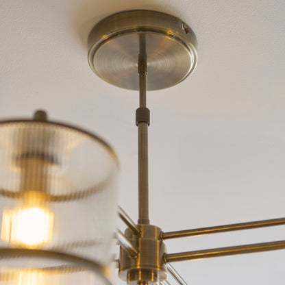 Ridgeton 4 Light Antique Brass & Ribbed Glass Pendant Ceiling Light