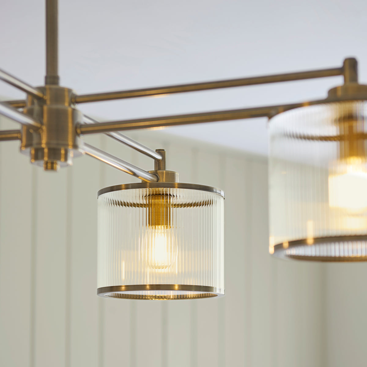 Ridgeton 4 Light Antique Brass & Ribbed Glass Pendant Ceiling Light