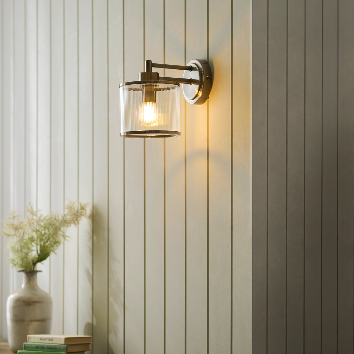 Ridgeton Antique Brass & Ribbed Glass Wall Light