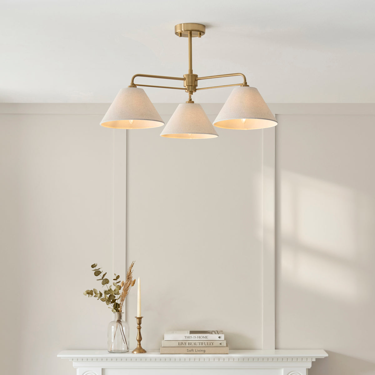 Wallbridge 3 Light Aged Brass & Linen Semi-Flush Ceiling Light