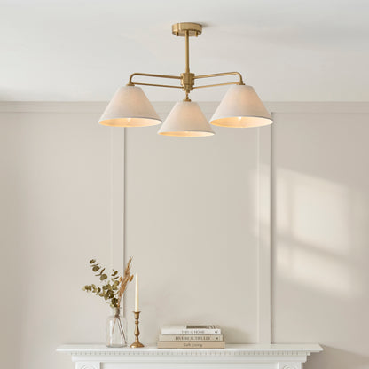 Wallbridge 3 Light Aged Brass & Linen Semi-Flush Ceiling Light