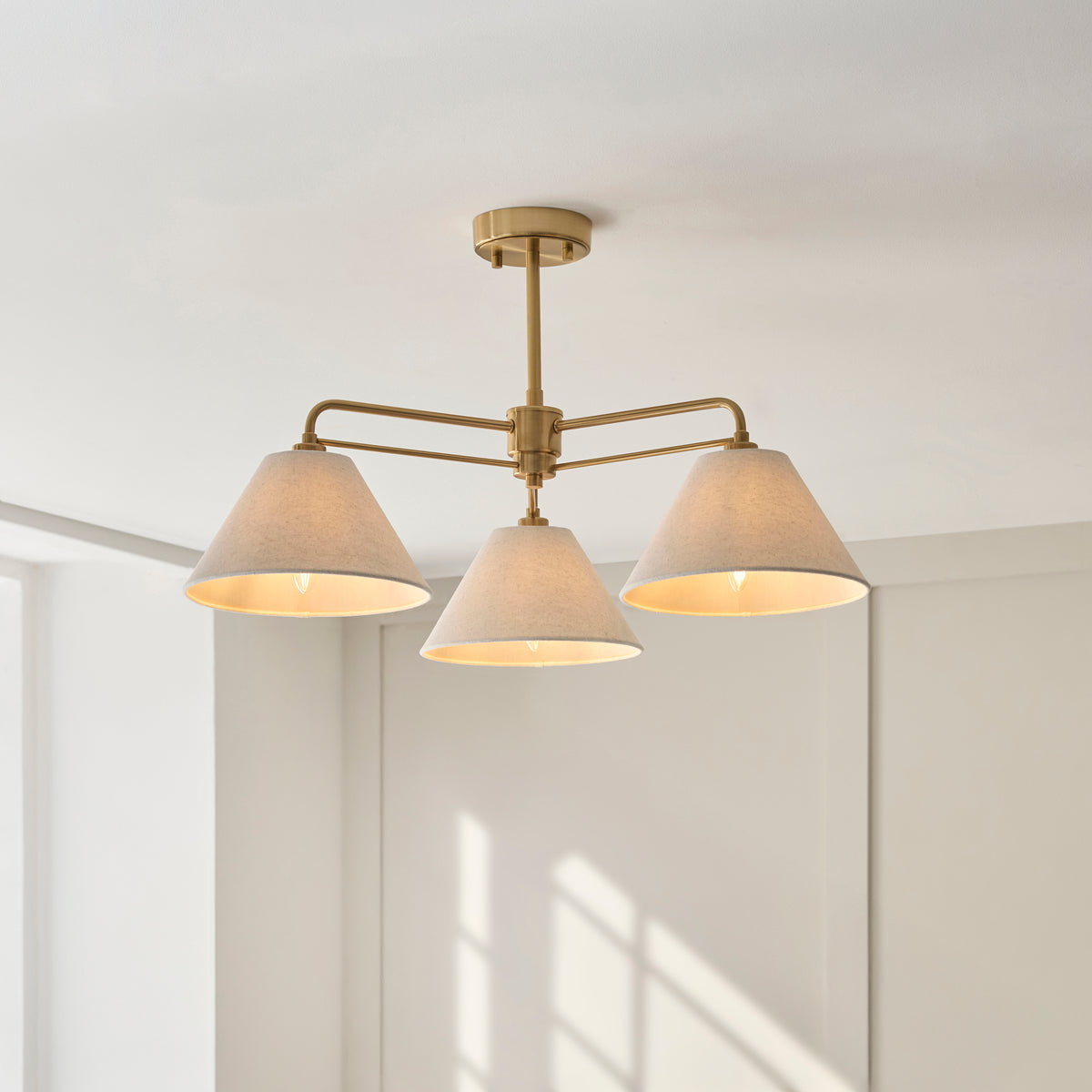 Wallbridge 3 Light Aged Brass & Linen Semi-Flush Ceiling Light