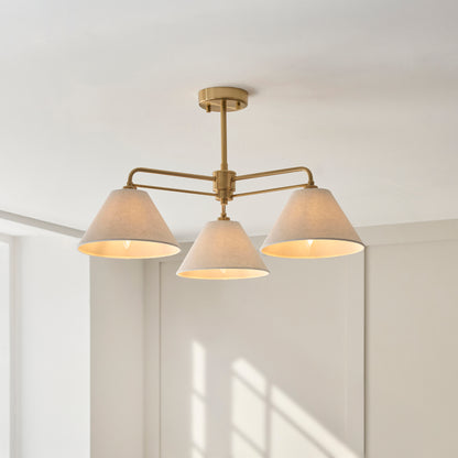 Wallbridge 3 Light Aged Brass & Linen Semi-Flush Ceiling Light