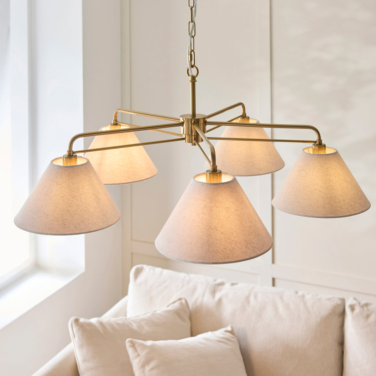 Wallbridge 5 Light Aged Brass & Linen Pendant Ceiling Light