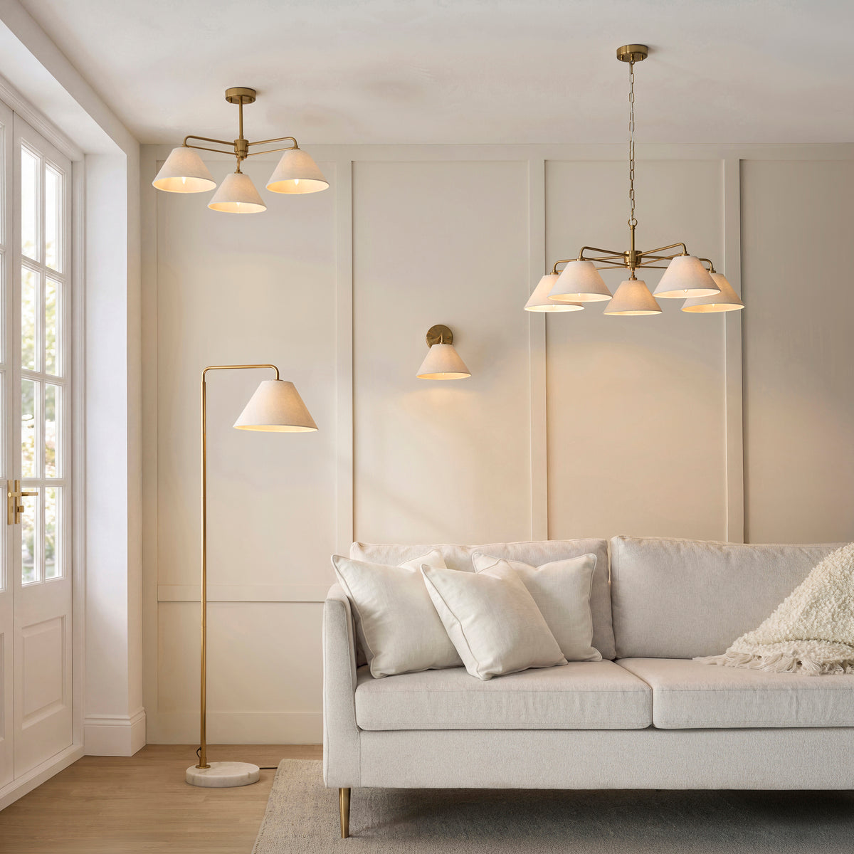 Wallbridge 5 Light Aged Brass & Linen Pendant Ceiling Light