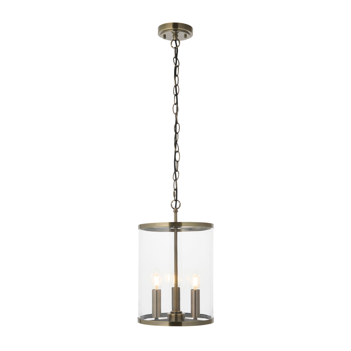 Hebden 3 Light Antique Brass & Clear Glass Pendant Ceiling Light