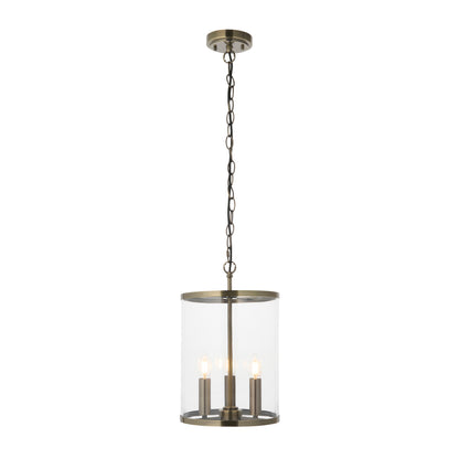 Hebden 3 Light Antique Brass & Clear Glass Pendant Ceiling Light