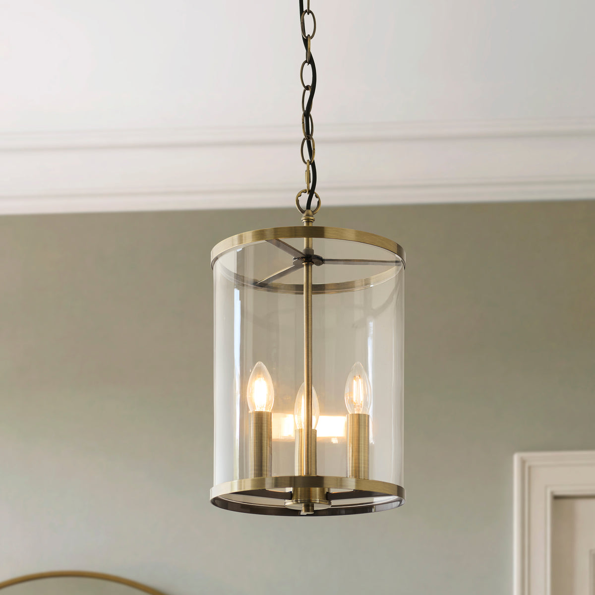 Hebden 3 Light Antique Brass & Clear Glass Pendant Ceiling Light