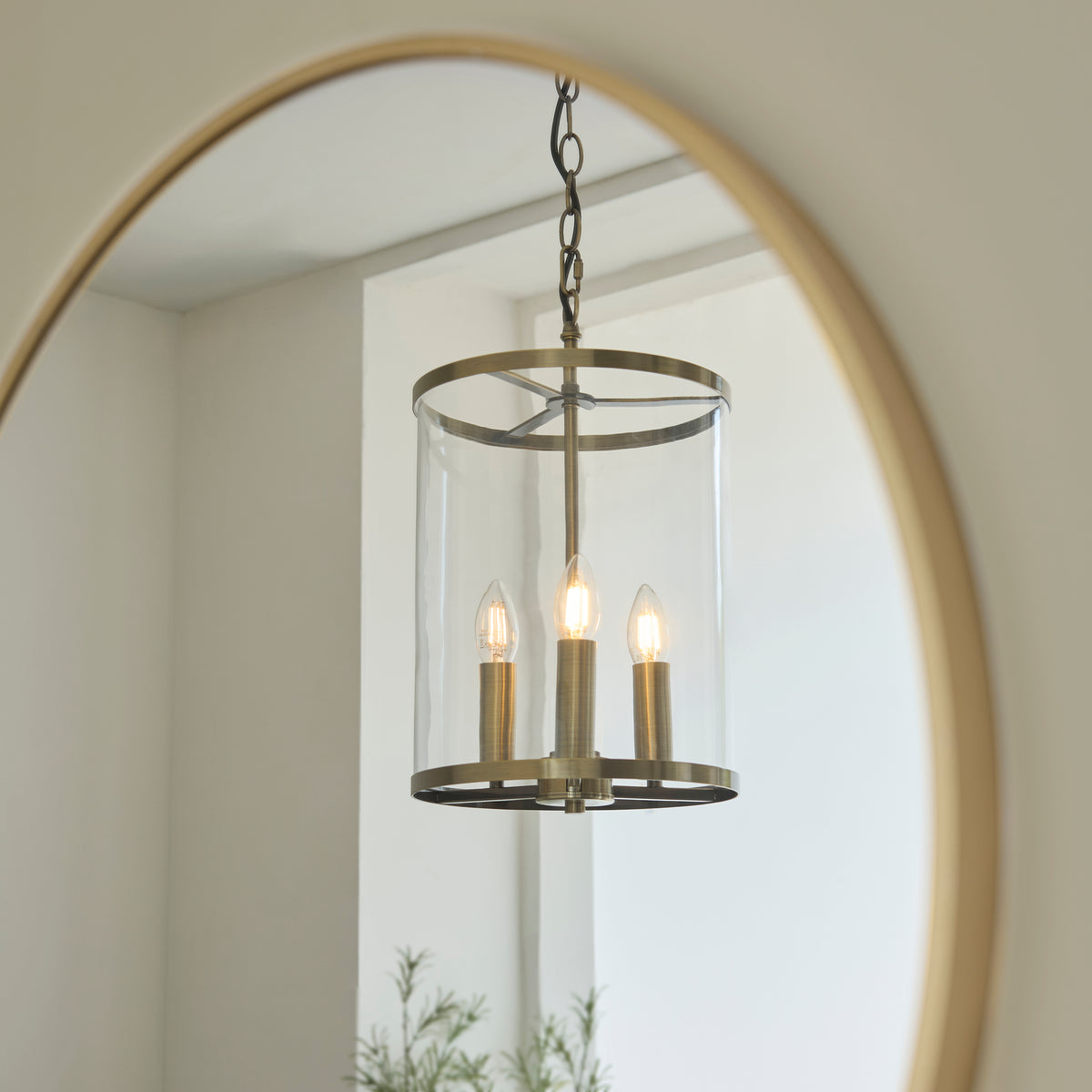 Hebden 3 Light Antique Brass & Clear Glass Pendant Ceiling Light