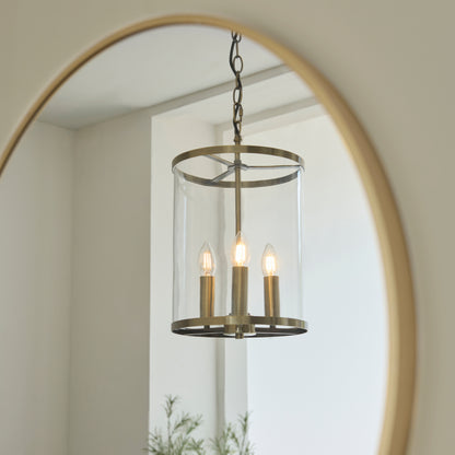 Hebden 3 Light Antique Brass & Clear Glass Pendant Ceiling Light