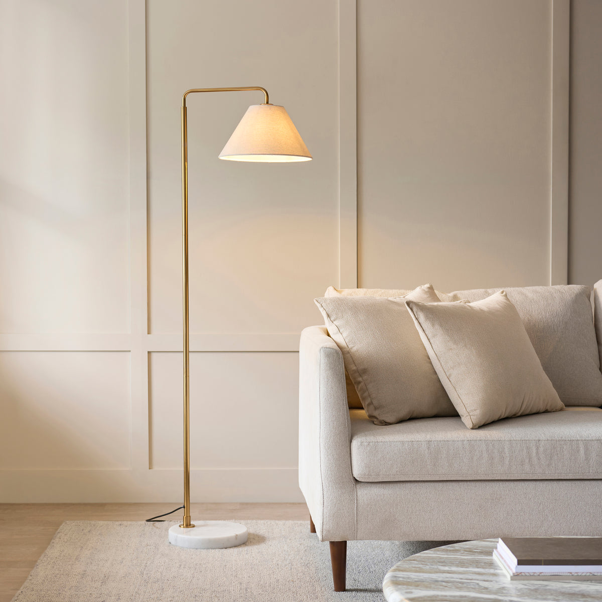 Wallbridge Aged Brass & Marble Floor Lamp with Linen Shade