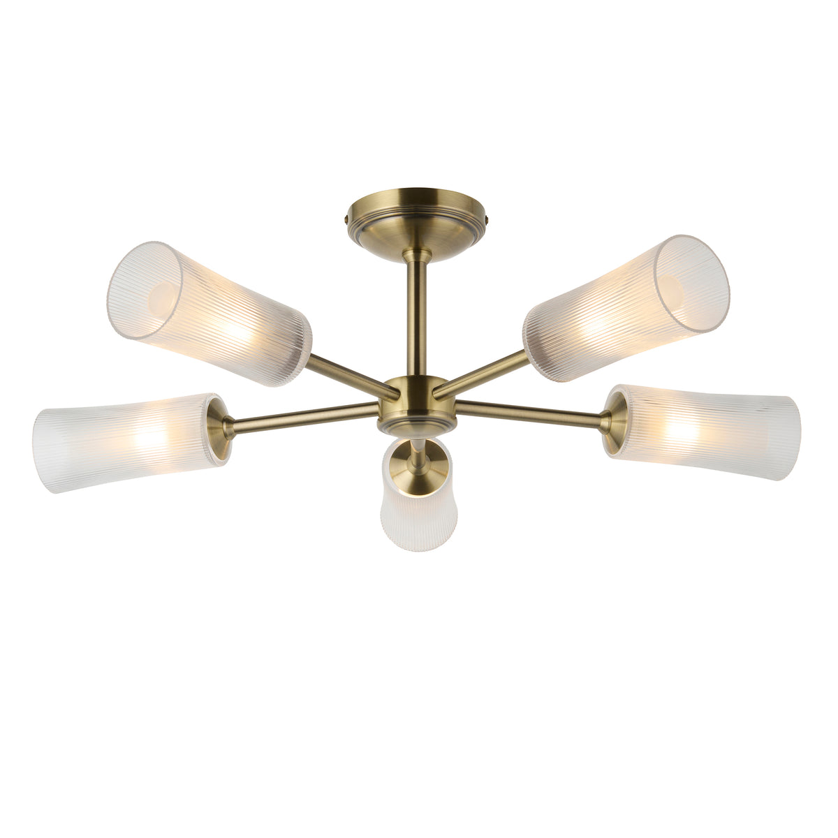 Avelyn 5 Light Antique Brass & Ribbed Glass Semi-Flush Ceiling Light