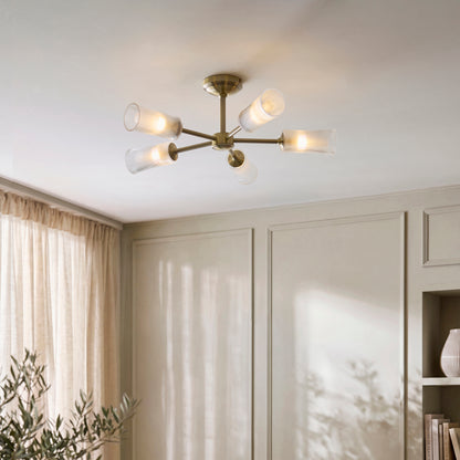 Avelyn 5 Light Antique Brass & Ribbed Glass Semi-Flush Ceiling Light