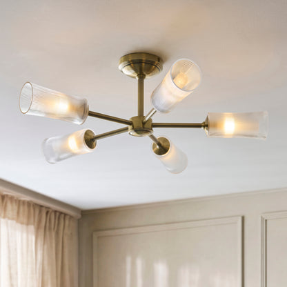 Avelyn 5 Light Antique Brass & Ribbed Glass Semi-Flush Ceiling Light