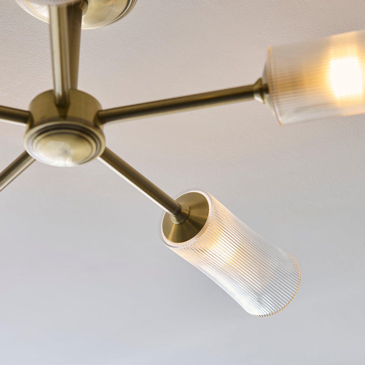 Avelyn 5 Light Antique Brass & Ribbed Glass Semi-Flush Ceiling Light