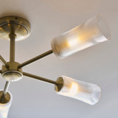Avelyn 5 Light Antique Brass & Ribbed Glass Semi-Flush Ceiling Light