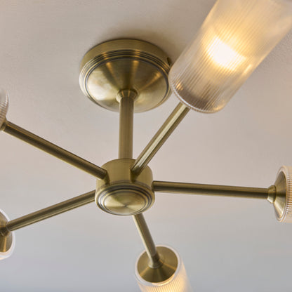 Avelyn 5 Light Antique Brass & Ribbed Glass Semi-Flush Ceiling Light