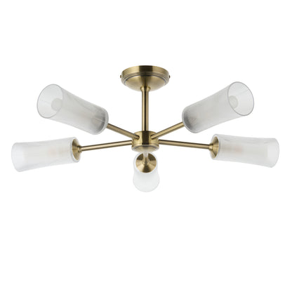Avelyn 5 Light Antique Brass & Ribbed Glass Semi-Flush Ceiling Light
