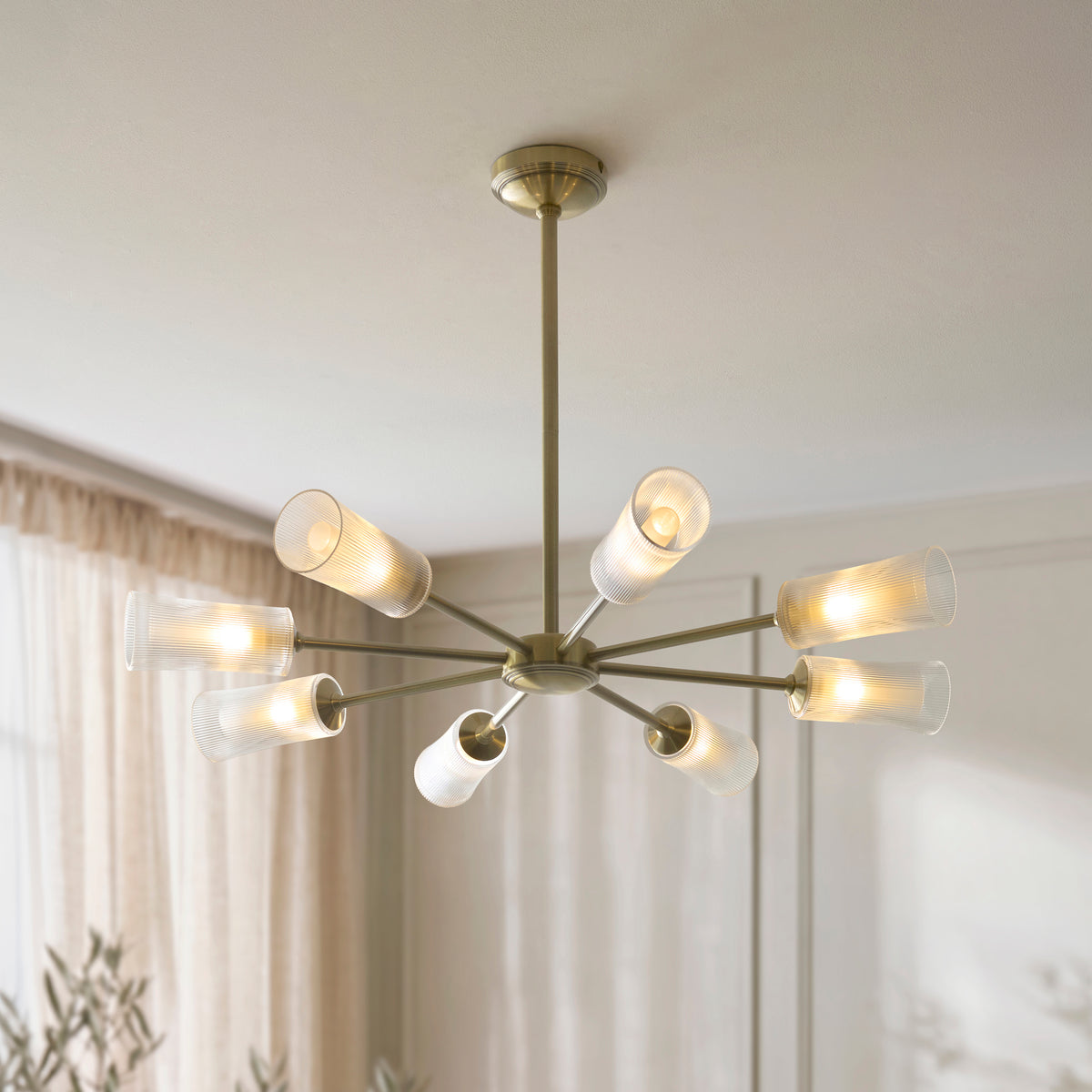 Avelyn 8 Light Antique Brass & Ribbed Glass Pendant Ceiling Light