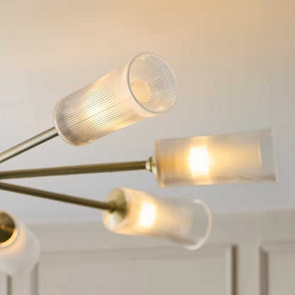 Avelyn 8 Light Antique Brass & Ribbed Glass Pendant Ceiling Light