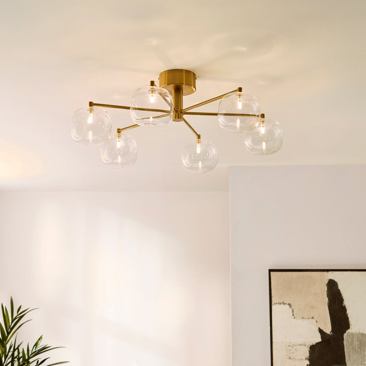Oslo 6 Light Aged Brass & Clear Glass Semi-Flush Ceiling Light