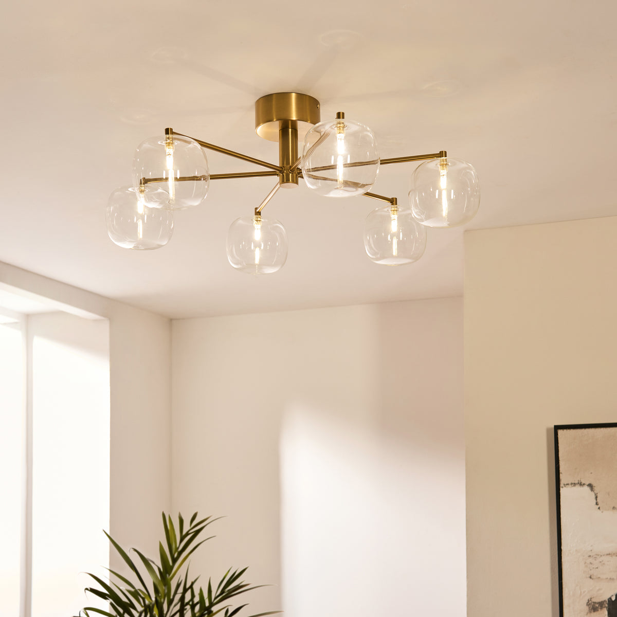 Oslo 6 Light Aged Brass & Clear Glass Semi-Flush Ceiling Light