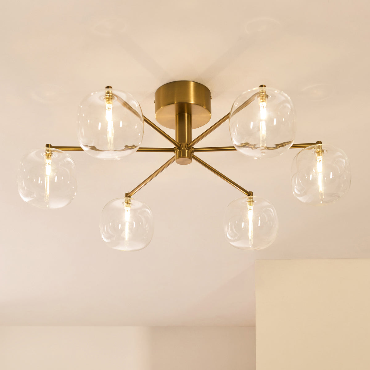 Oslo 6 Light Aged Brass & Clear Glass Semi-Flush Ceiling Light