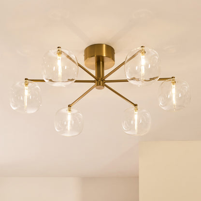 Oslo 6 Light Aged Brass & Clear Glass Semi-Flush Ceiling Light