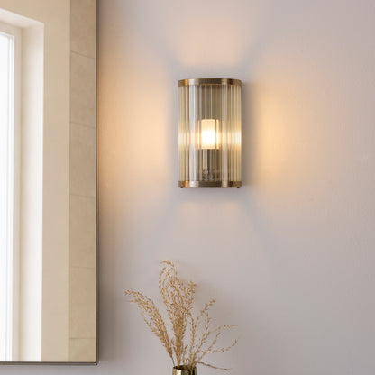 Ridgeton Antique Brass & Ribbed Glass Bathroom Wall Light IP44