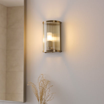 Ridgeton Antique Brass & Ribbed Glass Bathroom Wall Light IP44