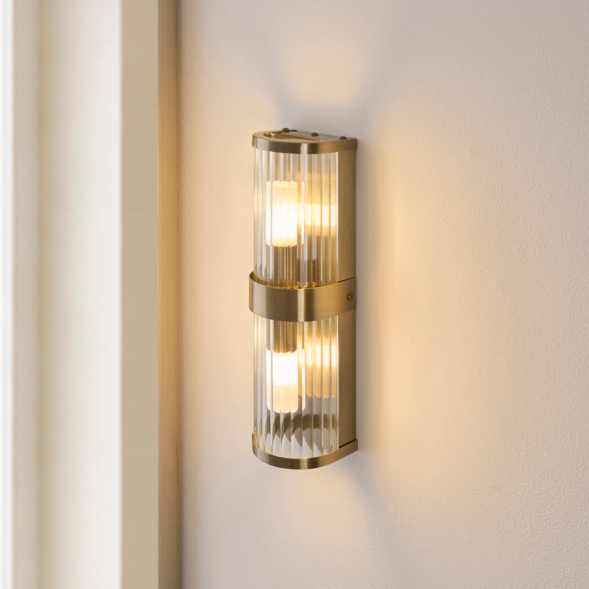 Ridgeton 2 Light Antique Brass & Glass Bathroom Wall Light IP44