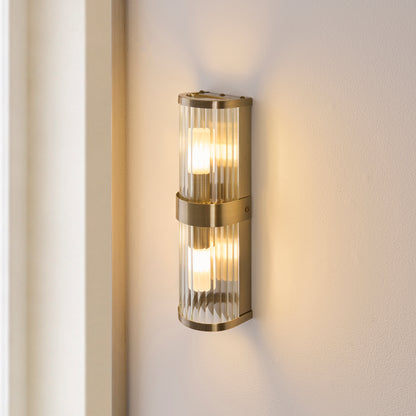 Ridgeton 2 Light Antique Brass & Glass Bathroom Wall Light IP44