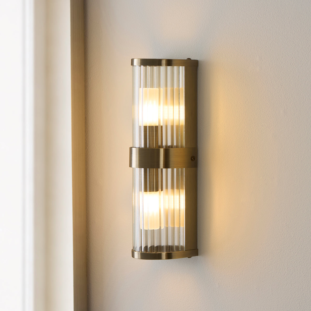 Ridgeton 2 Light Antique Brass & Glass Bathroom Wall Light IP44
