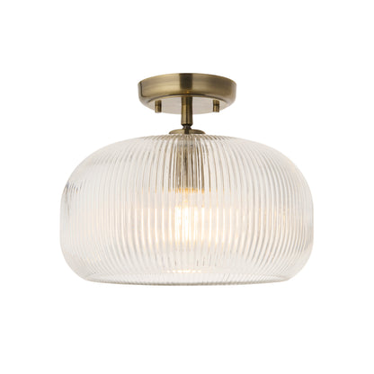Harborne Antique Brass & Ribbed Glass Flush Ceiling Light