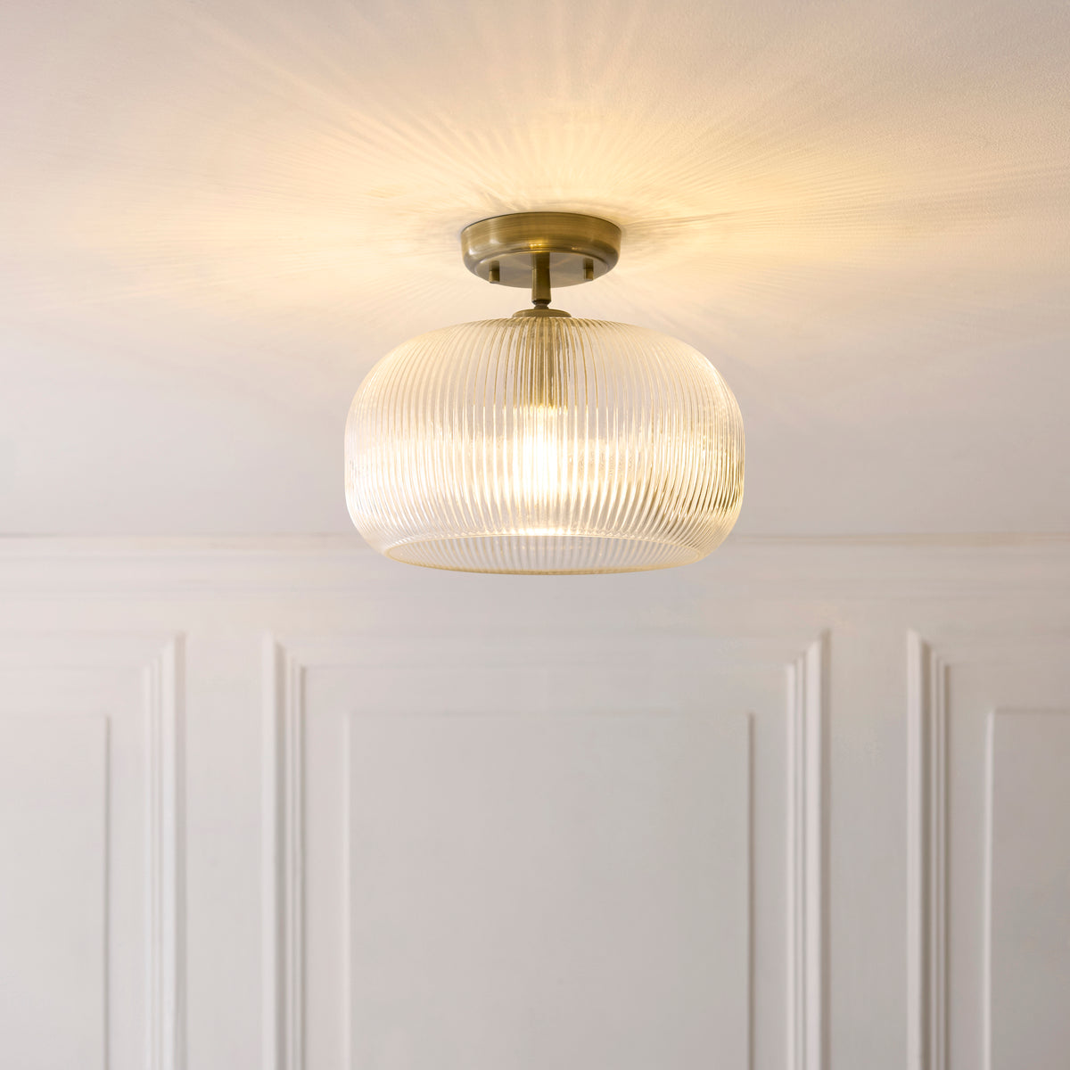 Harborne Antique Brass & Ribbed Glass Flush Ceiling Light