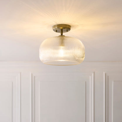 Harborne Antique Brass & Ribbed Glass Flush Ceiling Light