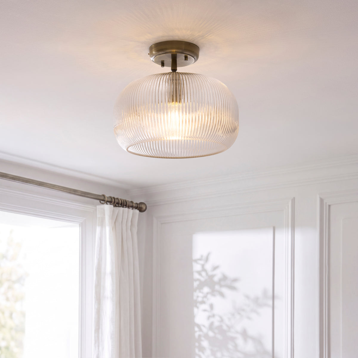 Harborne Antique Brass & Ribbed Glass Flush Ceiling Light