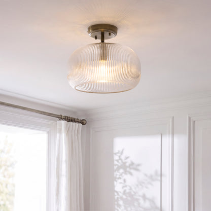 Harborne Antique Brass & Ribbed Glass Flush Ceiling Light