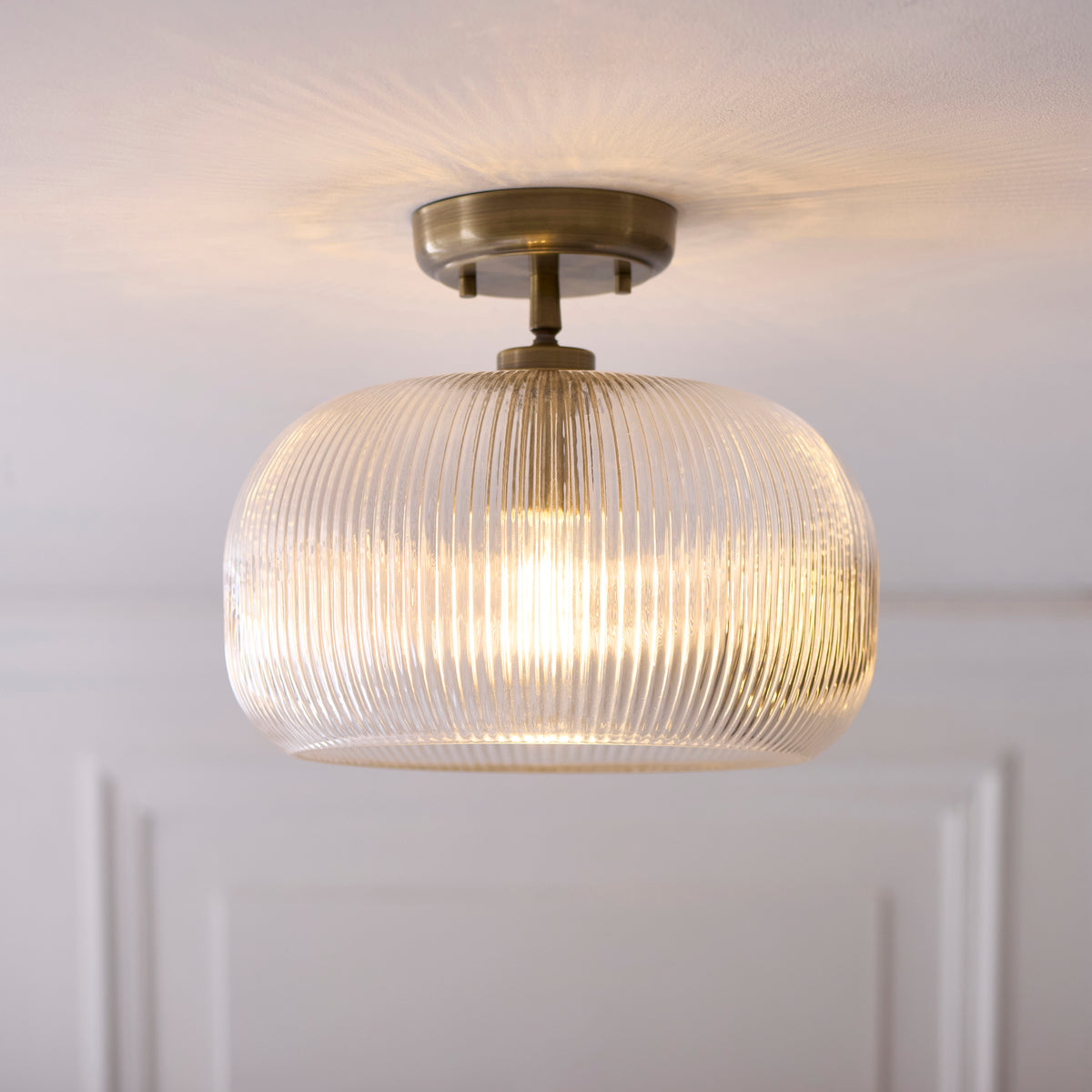 Harborne Antique Brass & Ribbed Glass Flush Ceiling Light