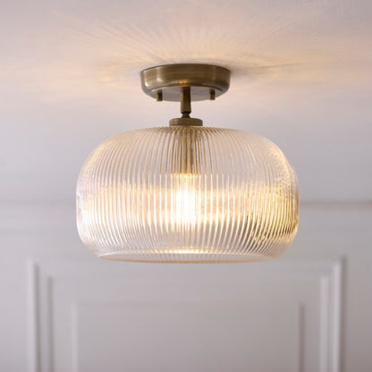 Harborne Antique Brass & Ribbed Glass Flush Ceiling Light