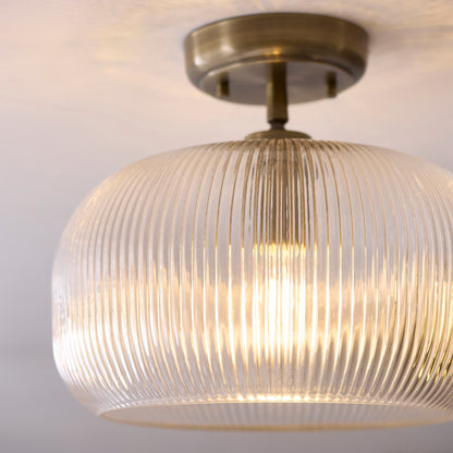 Harborne Antique Brass & Ribbed Glass Flush Ceiling Light