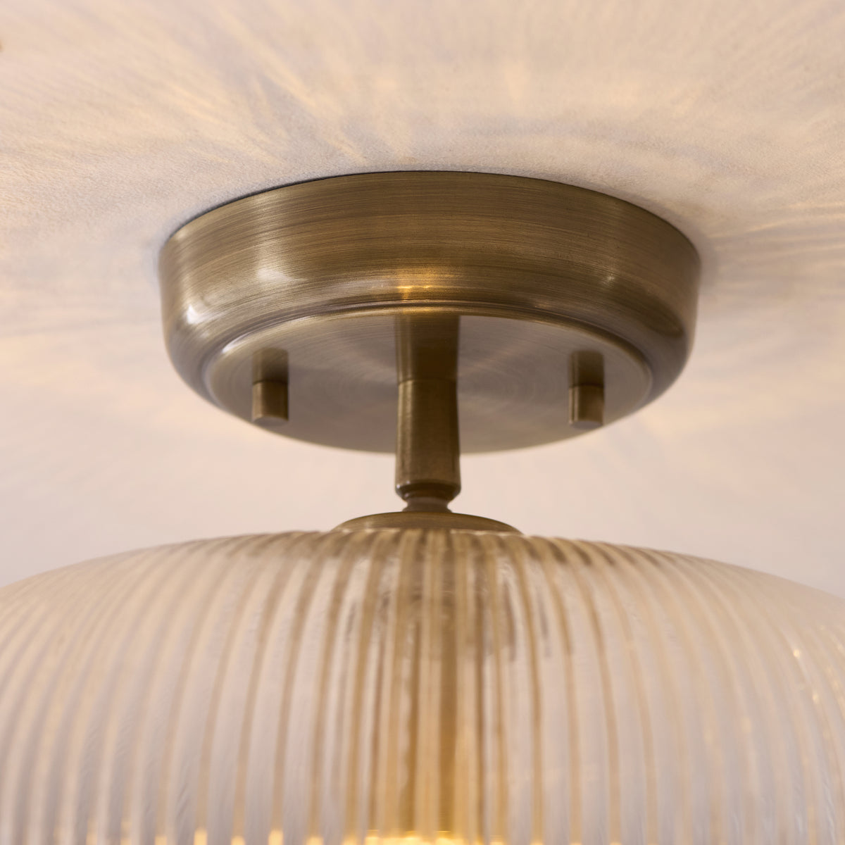 Harborne Antique Brass & Ribbed Glass Flush Ceiling Light