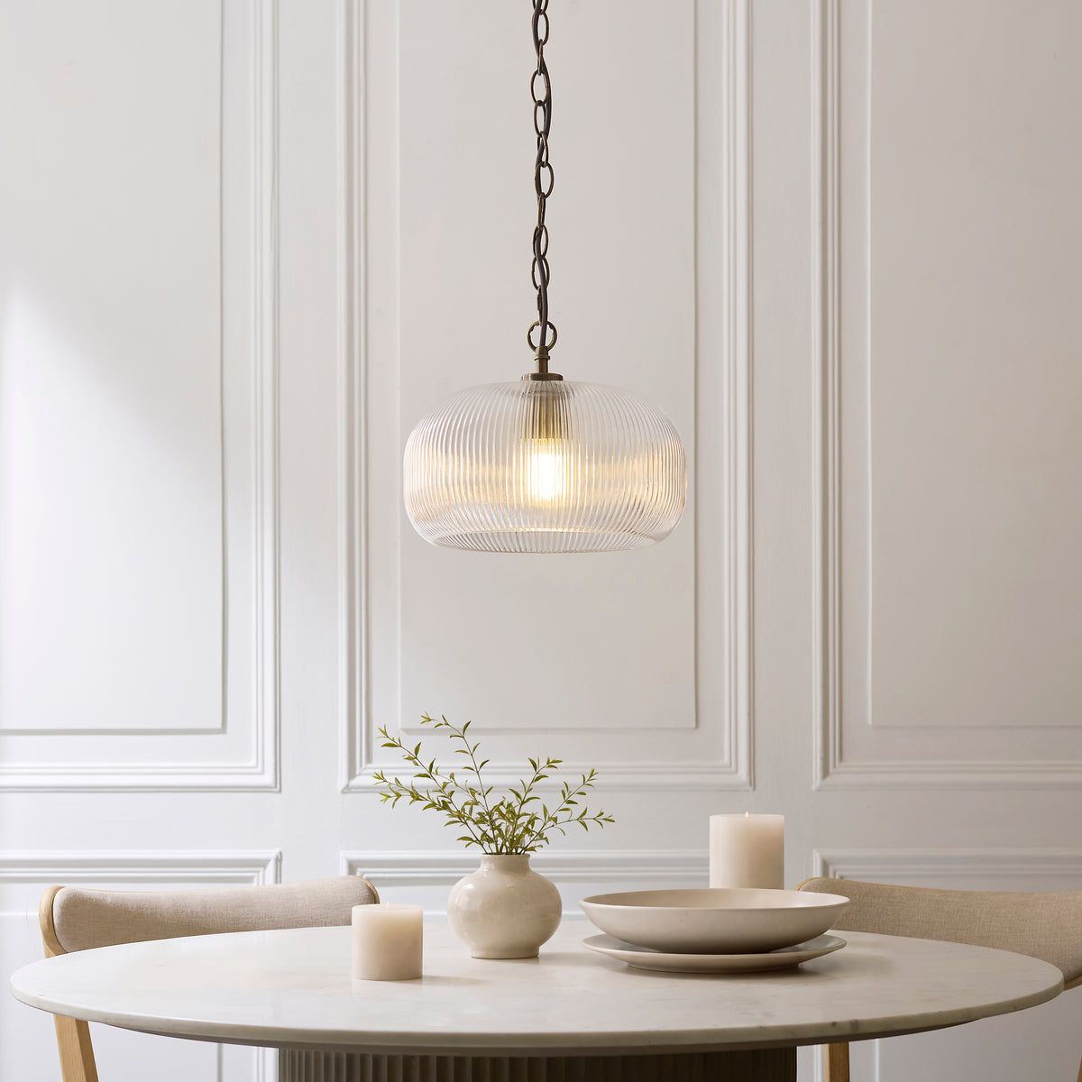 Harborne Antique Brass & Ribbed Glass Pendant Ceiling Light